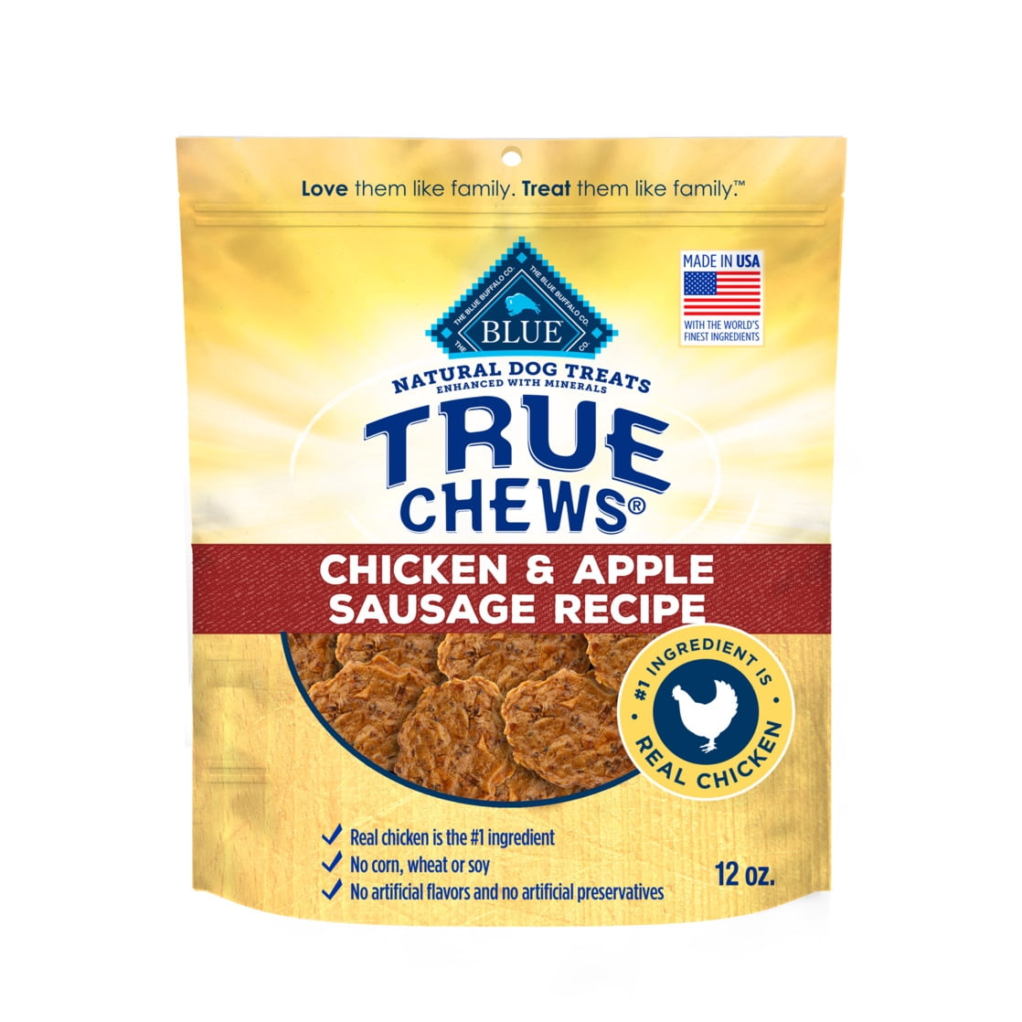 Blue Buffalo True Chews Dog Treats, Chicken and Apple Sausage Recipe, 12-oz Bag
