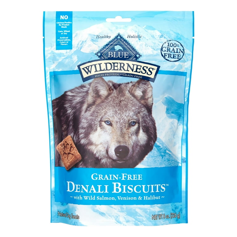 Blue Buffalo Wilderness Denali High Protein Salmon Venison Halibut Flavor Crunchy Biscuit Treats for Dogs Grain Free 8 oz. Bag