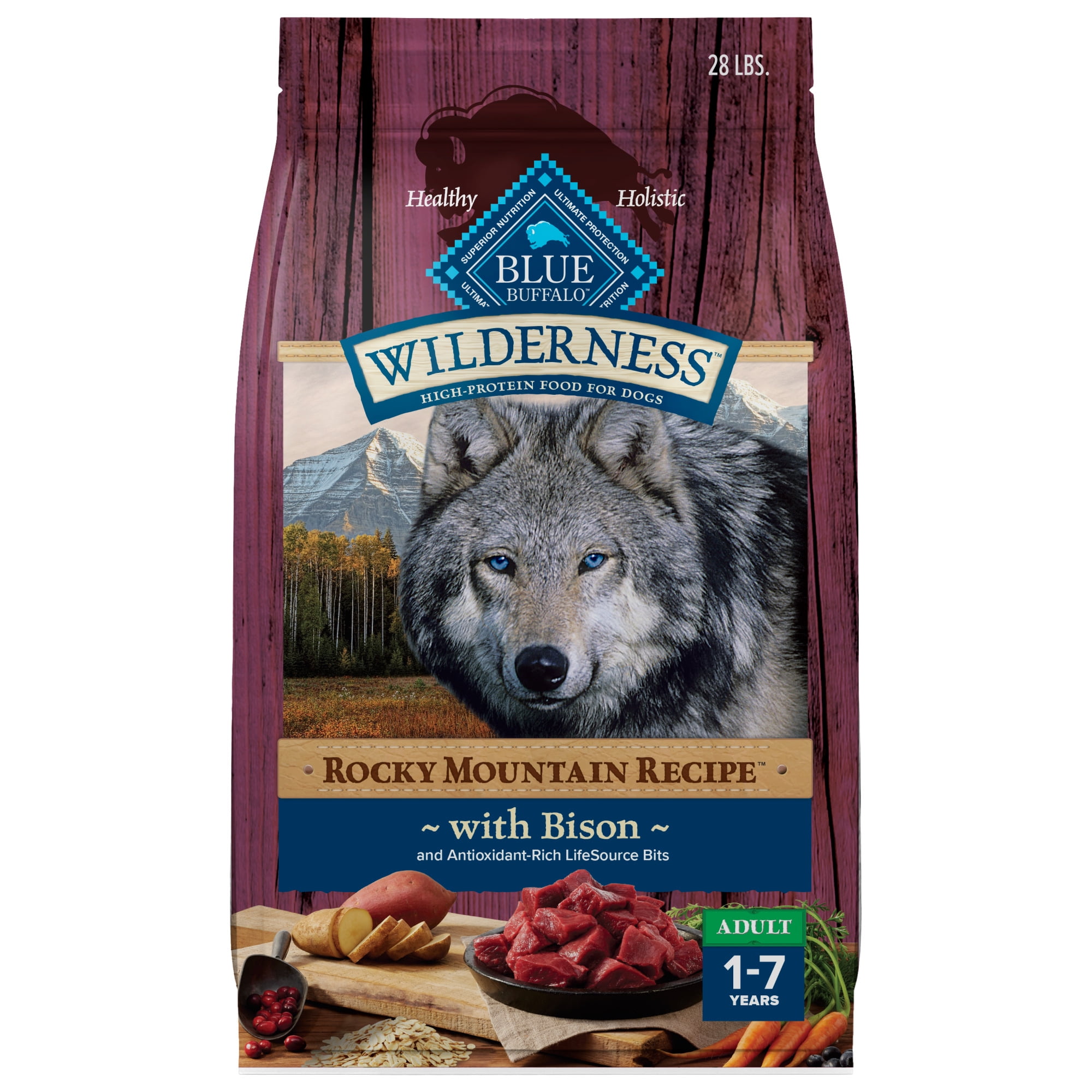 Blue Buffalo Wilderness Natural Dry Dog Food High Protein Bison Whole Grains 28 lb. Bag