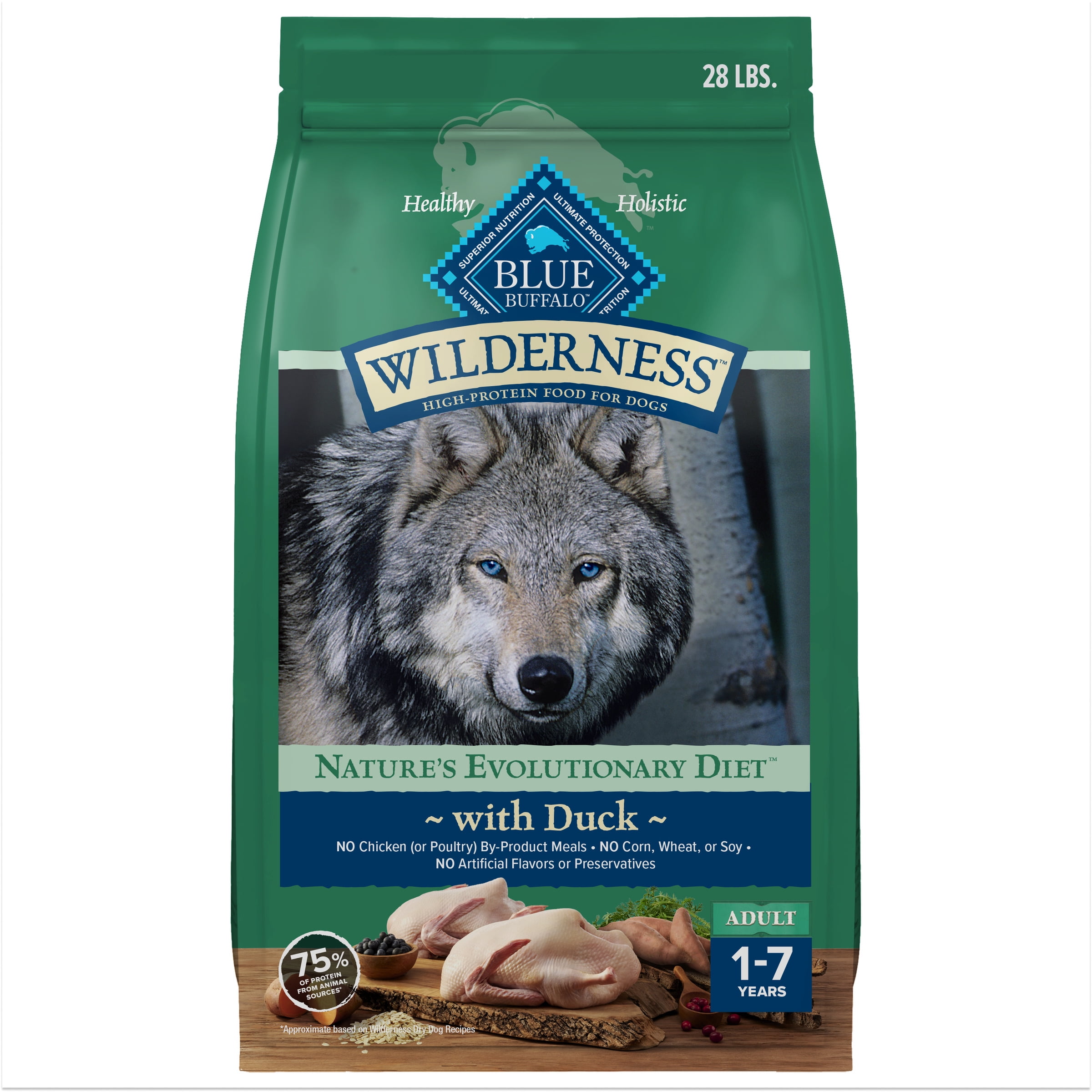 Blue Buffalo Wilderness Natural High-Protein Dry Food for Adult Dogs, Duck, 28-lb bag.
