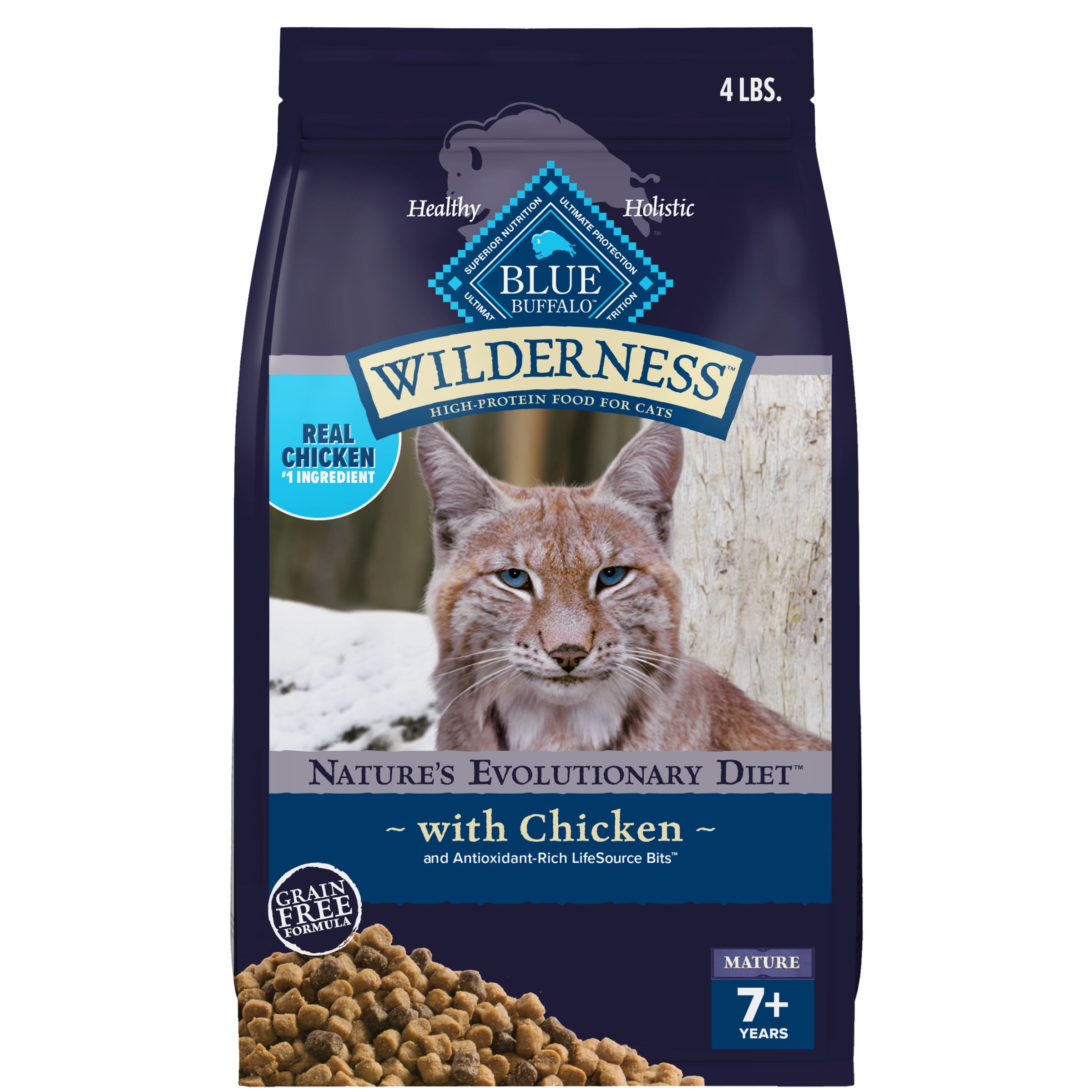 Blue Buffalo Wilderness Natural Mature Dry Cat Food, High-Protein, Chicken, 4-lb. Bag