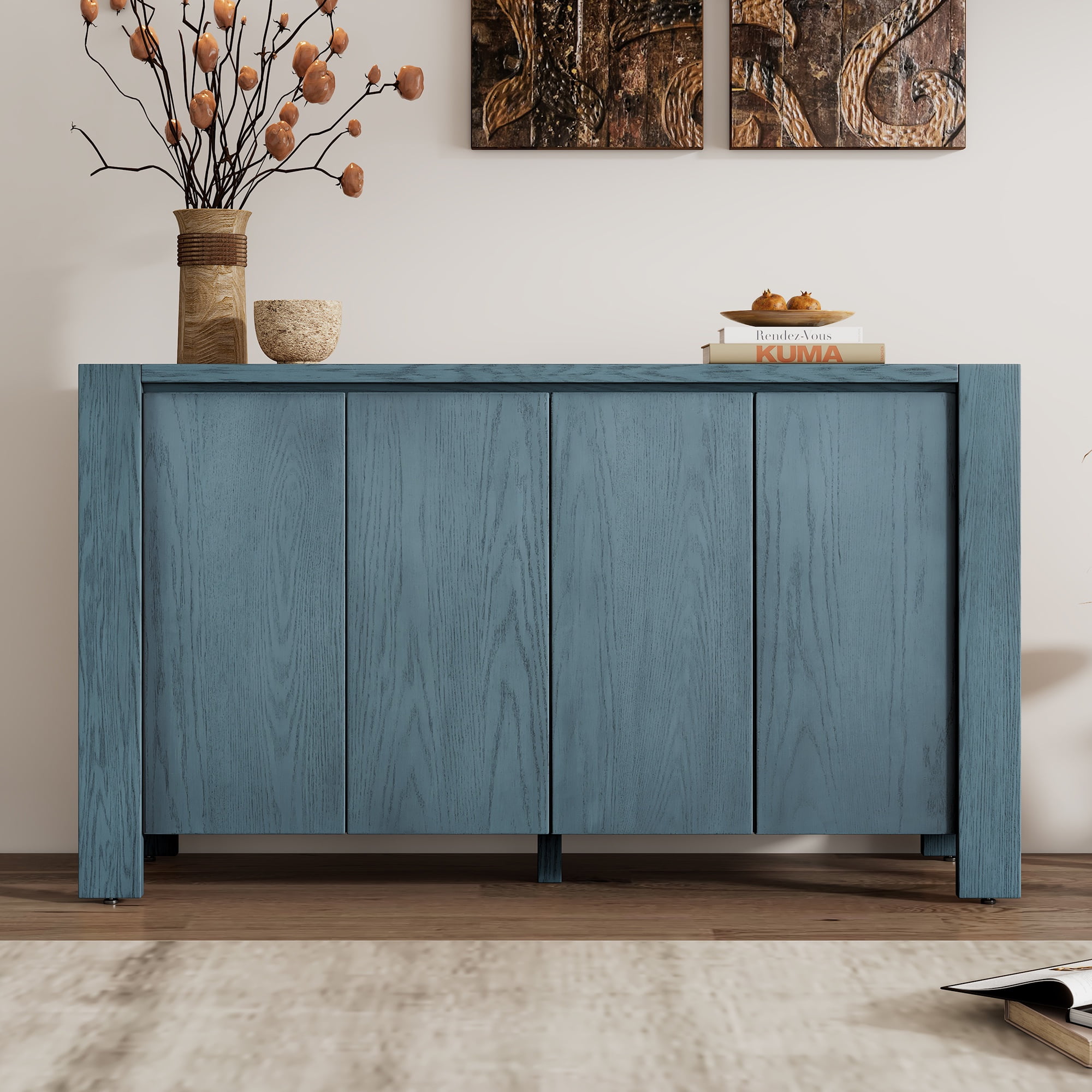 Blue Buffet Cabinet with 4 Doors, Atumon Accent Cabinet, Wood Storage ...