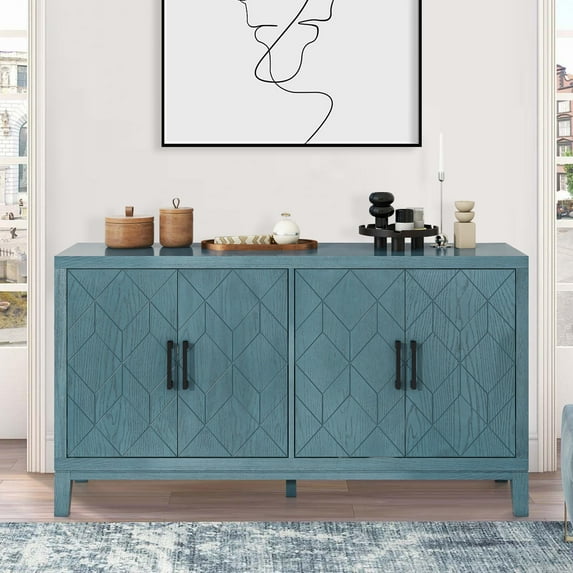Blue Buffet Cabinet with 4 Doors, Atumon Accent Cabinet, Wood Storage Cabinet with Adjustable Shelves, Storage Cabinet Furniture for Kitchen Dining Room Living Room, 59"L x 15.9"W x 34.1"H