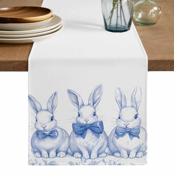 Blue Bunny Easter Table Runner, Vintage Rabbit Spring Floral Washable Cotton Linen Table Runners 108 Inches Long, Dresser Scarf Runner for Dining/Living Room/Kitchen/Square Tables 13''x108''
