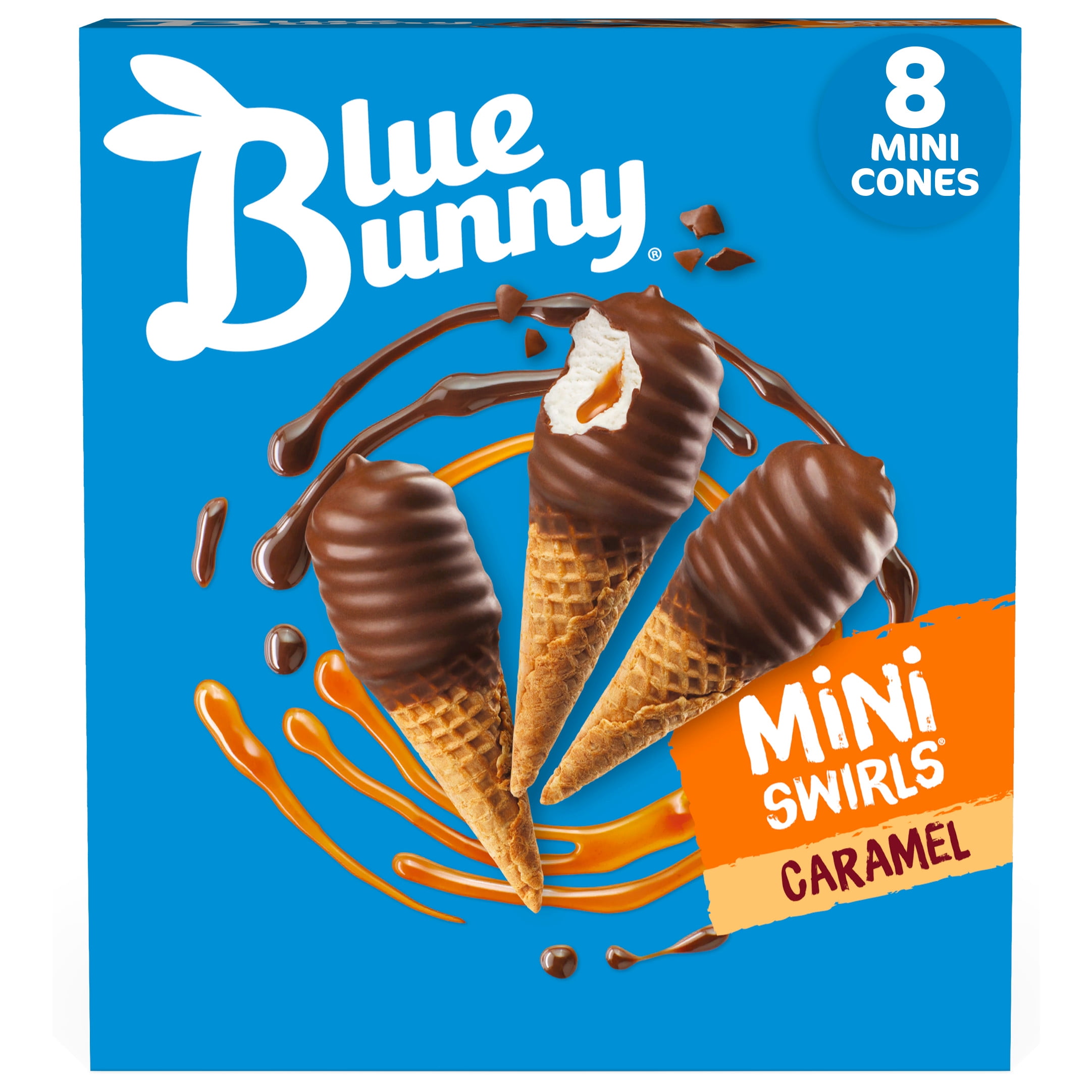Blue Bunny Mini Swirls Caramel Cones, Frozen Dessert, 8 Pack