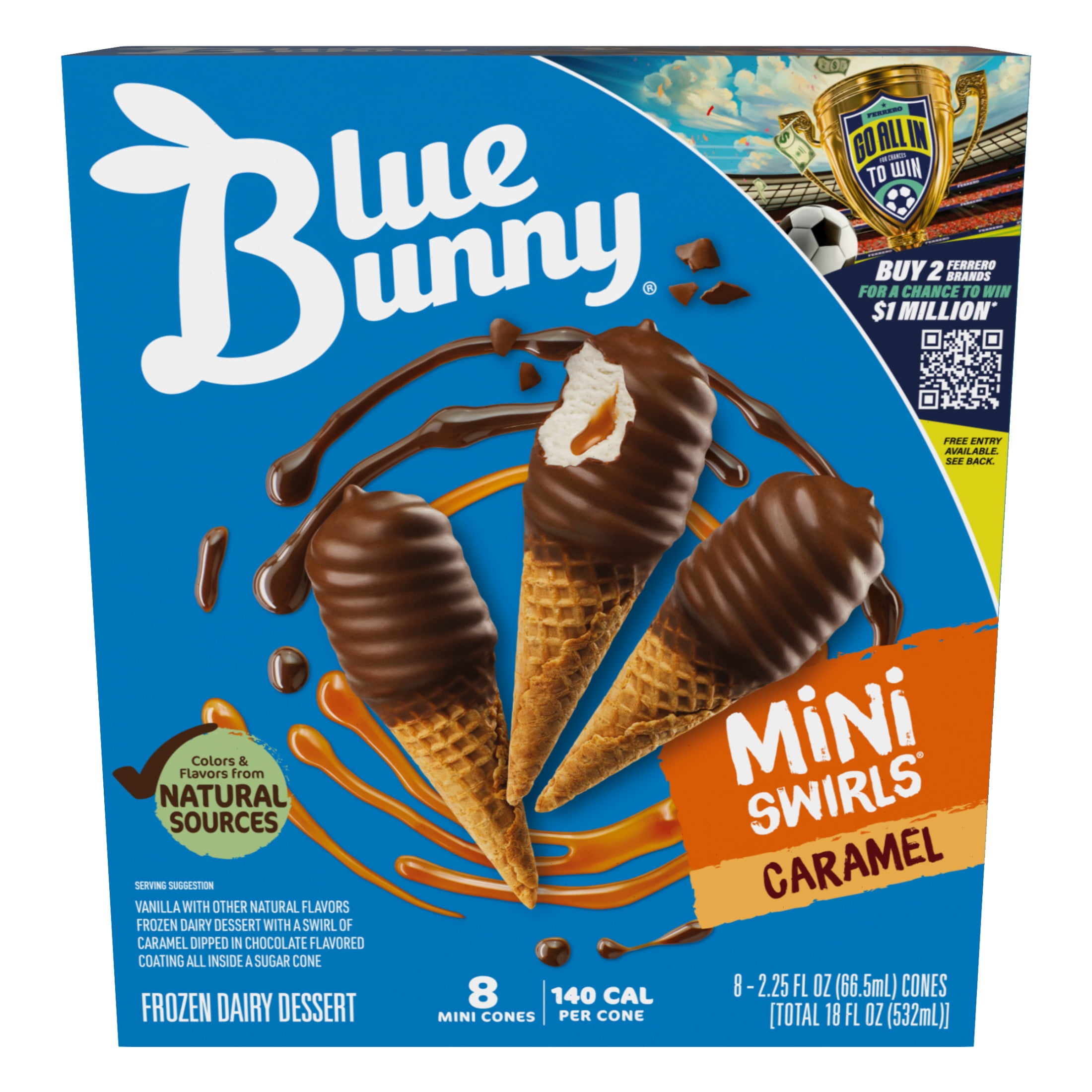 Blue Bunny Mini Swirls Caramel Cones, Frozen Dessert, 8 Pack
