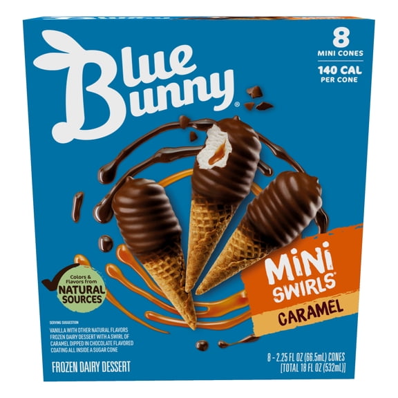 Blue Bunny Mini Swirls Caramel Cones, Frozen Dessert, 8 Pack