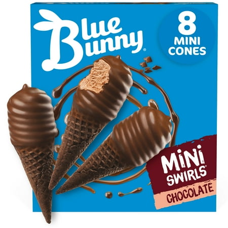 Blue Bunny Mini Swirls Chocolate with Chocolate Flavored Coating Frozen Dessert Cones, 18 fl oz 8 Pack
