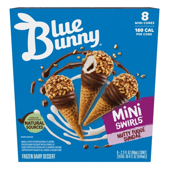 Blue Bunny Mini Swirls Nutty Fudge Sundae Cones Frozen Dessert, 8 Pack