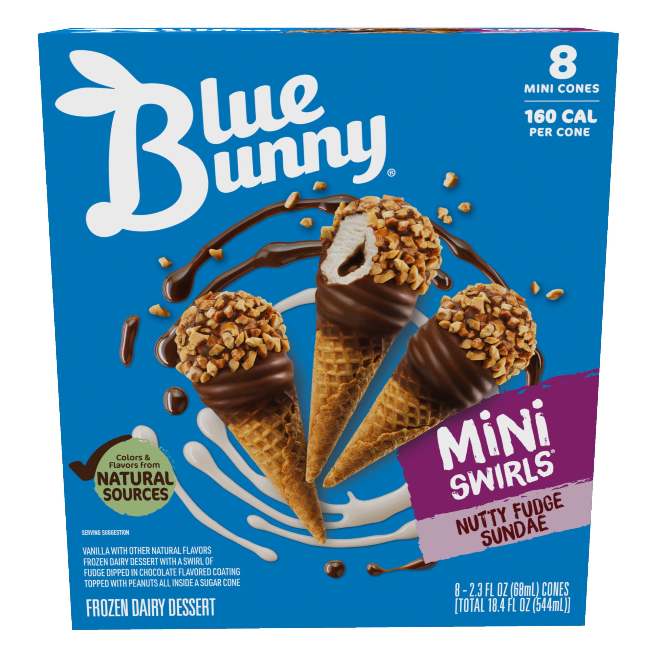 Blue Bunny Mini Swirls Nutty Fudge Sundae Cones Frozen Dessert, 8 Pack
