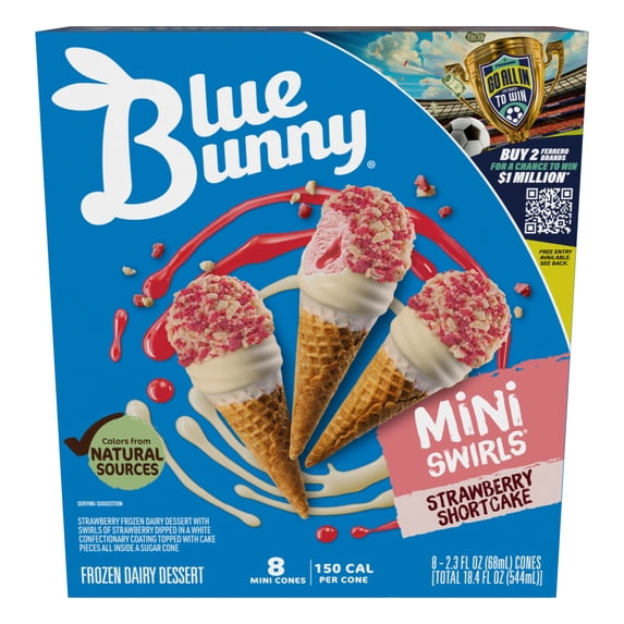 Blue Bunny Mini Swirls Strawberry Shortcake Cones, Frozen Dessert, 8 Pack