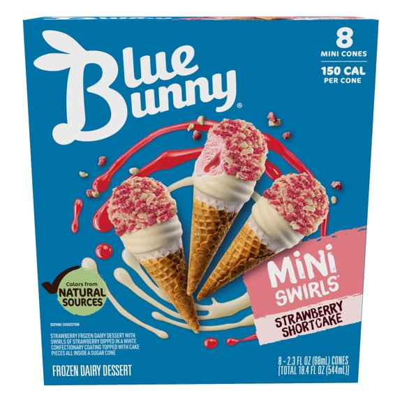 Blue Bunny Mini Swirls Strawberry Shortcake Cones, Frozen Dessert, 8 Pack