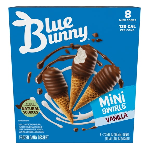 Blue Bunny Mini Swirls Vanilla Cones, Frozen Dessert, 8 Pack