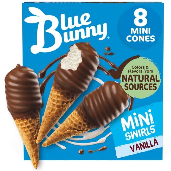 Blue Bunny Mini Swirls Vanilla Cones, Frozen Dessert, 8 Pack