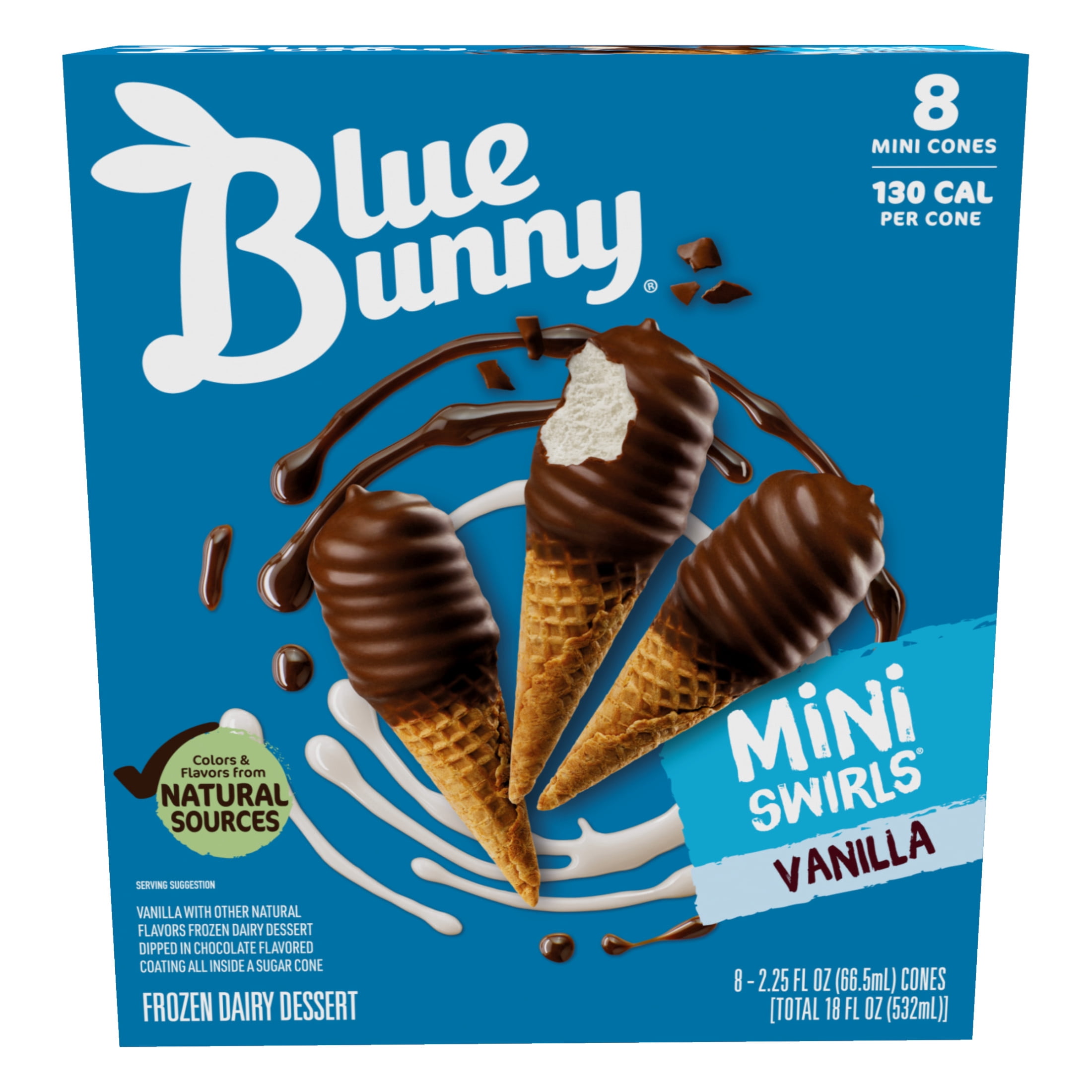 Blue Bunny Mini Swirls Vanilla Cones, Frozen Dessert, 8 Pack