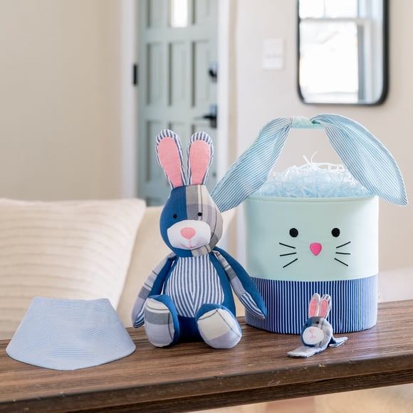 Blue Bunny Plush Easter Basket, 8 inch, Kipekee, Upcycled Plush Basket