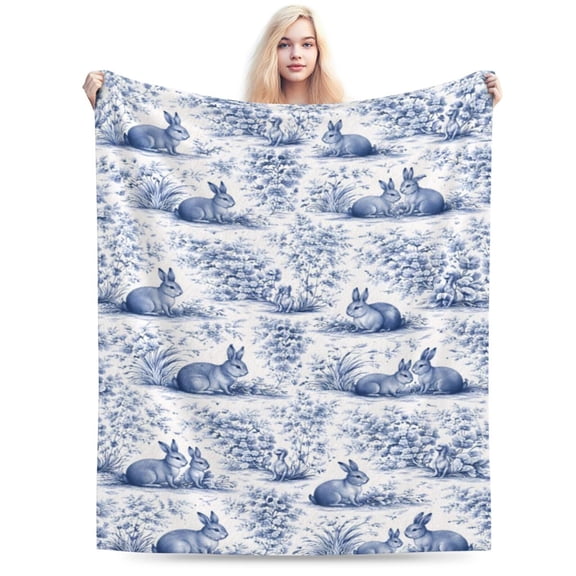 Blue Bunny Throw Blanket, Soft Flannel Fleece Blanket with Vintage Rabbit Floral Pattern, Classic Farmhouse Decorative Blanket for Sofa Couch Bed 50x40