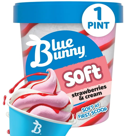 Blue Bunny Soft Strawberry and Cream Swirl Iced Frozen Dessert, 16 fl oz Pint