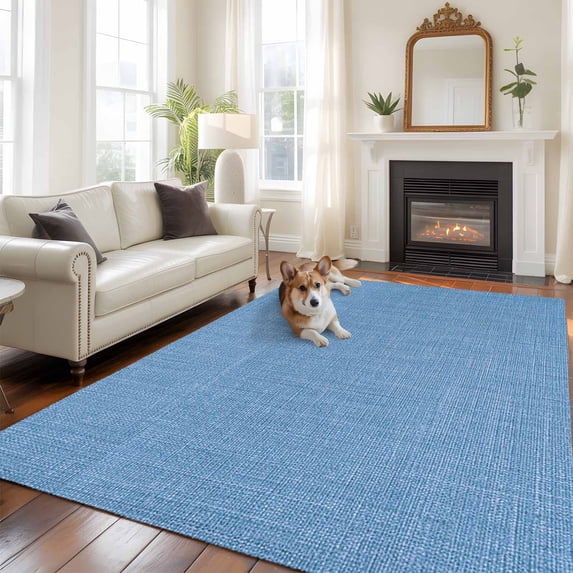 Blue Burlap Texture Area Rug 5x8 FT, Non Slip Bedroom Throw Carpet, Farmhouse Vintage Blue Washable Soft Floor Carpet Non-Shedding Rug for Living Room Nursery Dorm Office