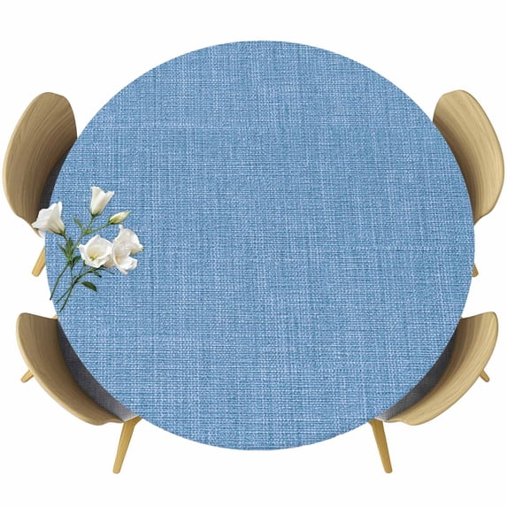 Blue Burlap Texture Round Tablecloth, Fitted Table Cover with Elastic for 45"-54" Round Tables, Farmhouse Vintage Blue Table Cloth Outdoor Indoor Dinning Party Waterproof Tablecloths