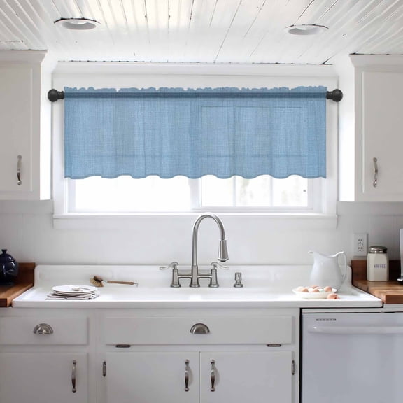 Blue Burlap Texture Valance Curtains for Kitchen/Living Room/Bathroom/Bedroom Window, Farmhouse Vintage Blue Rod Pocket Small Topper Half Short Window Curtains Voile Sheer Scarf 60"x18"