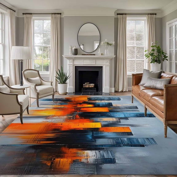Blue Burnt Orange 6'x9' Area Rug for Living Room, Modern Oil Painting Geometric Abstract Non-Slip Floor Mat Rugs for Bedroom Dining Room, Indoor Large Carpet for Classroom, Nursery Rugs for Playroom