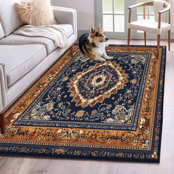 Blue Burnt Orange Boho Area Rug 4x6 Washable Rug Non Slip Antique Southwestern Tribal Large Area Rug Indoor Floor Carpet for Entryway Bedroom Kitchen Living Room Home Office Dining Room Nursery