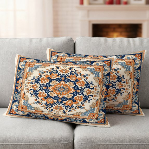 Blue Burnt Orange Boho Outdoor Pillow Covers 20x12 Set of 2,Waterproof Patio Throw Pillowcase Protectors,Antique Southwestern Art Lumbar Decorative Pillow Shams Cushion Covers for Seat Bed Couch Sofa