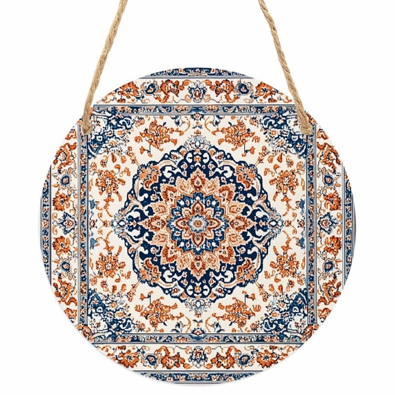 Blue Burnt Orange Boho Round Front Door Welcome Sign, 5.9 Inch Wall Hanging Decor for Indoor Outdoor, Antique Southwestern Ethnic Home Porch Hanger Decorations for Holiday Gift