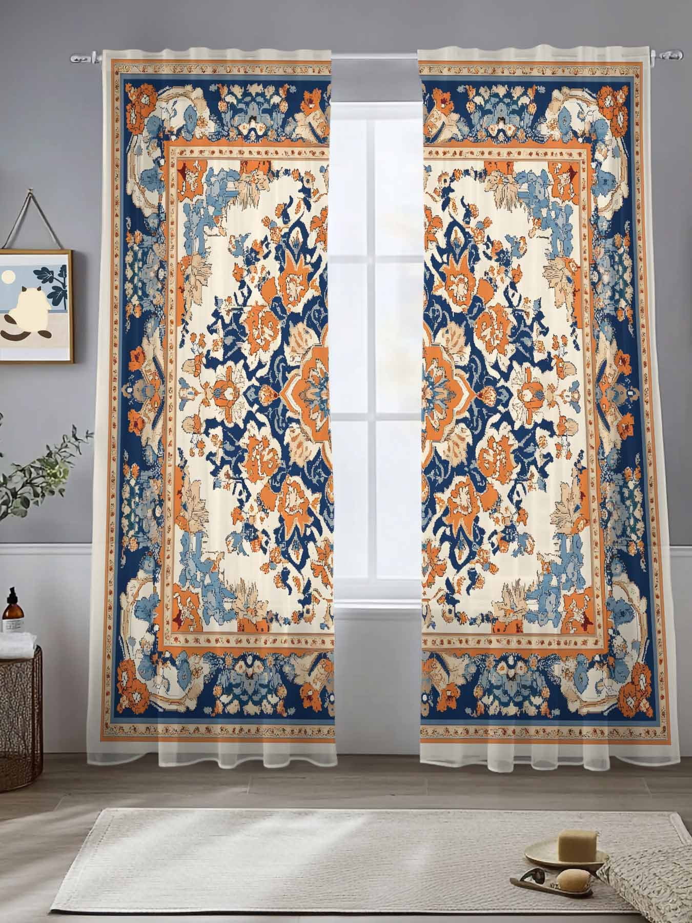 Floral Curtains 84 Inch Length – Burnt Orange Semi-Sheer Drapes, Rod Pocket, Boho Farmhouse Window Panels (2 Pack)