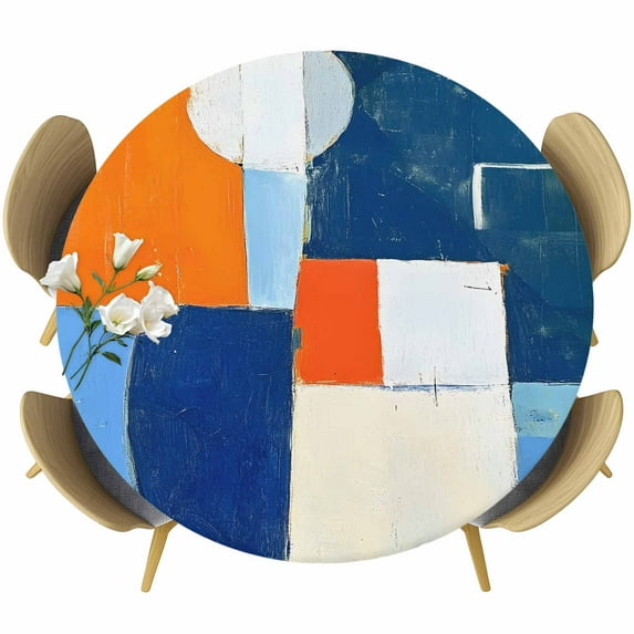 Blue Burnt Orange Geometric Round Tablecloth 45-54 Inch Round Fitted Table Cloth with Elastic Edge, Modern Oil Painted Art Waterproof Table Cover Protector for Outdoor Picnic Party Dining