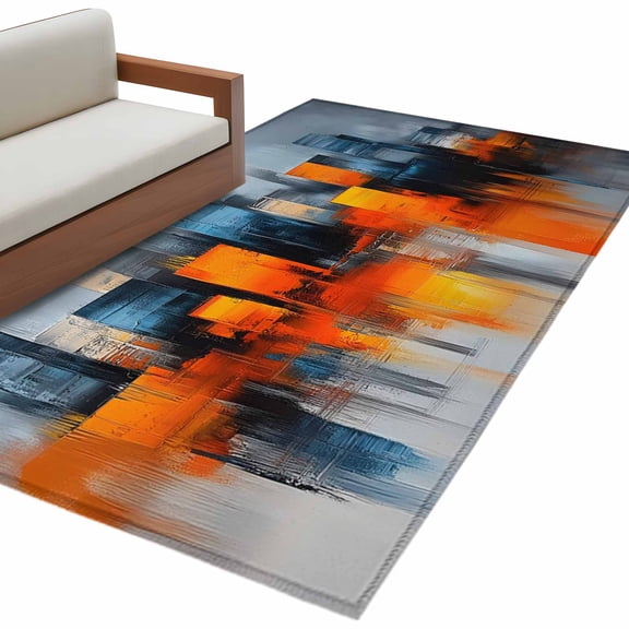 Blue Burnt Orange Large Area Rugs for Bedroom Living Room, Soft Non Slip Carpet Bedside Rug, Modern Oil Painting Geometric Abstract Rectangular Floor Cover Kitchen Accent Rug 4'x6' for Office