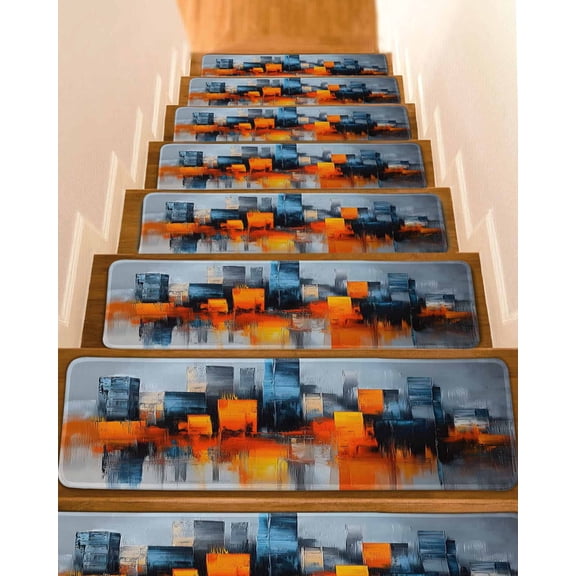 Blue Burnt Orange Stair Treads for Wooden Steps Indoor Runner Rug Carpet, Modern Oil Painting Geometric Abstract 4 Pieces Peel and Stick Staircase Step Treads Covers Washable Throw Door Mats, 30"x8"