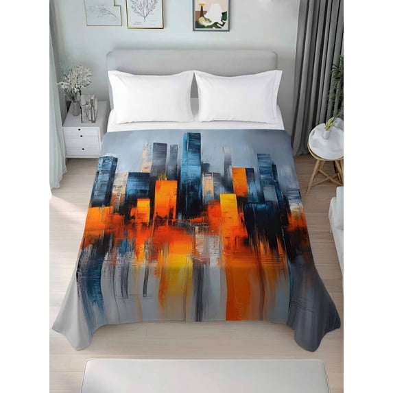 Blue Burnt Orange Twim Size Flat Sheet, Wrinkleproof & Fadeproof Cooling Flat Bed Sheet Only, Modern Oil Painting Geometric Abstract Breathable Soft Bedding Top Sheets 66 x 96 Inches