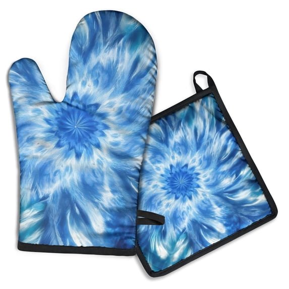 Blue Burst Pattern Kitchen Oven Mitt and Pot Holder Sets 2 Pcs for Baking, Cooking and Grilling, Heat Resistant Up To 392 °F