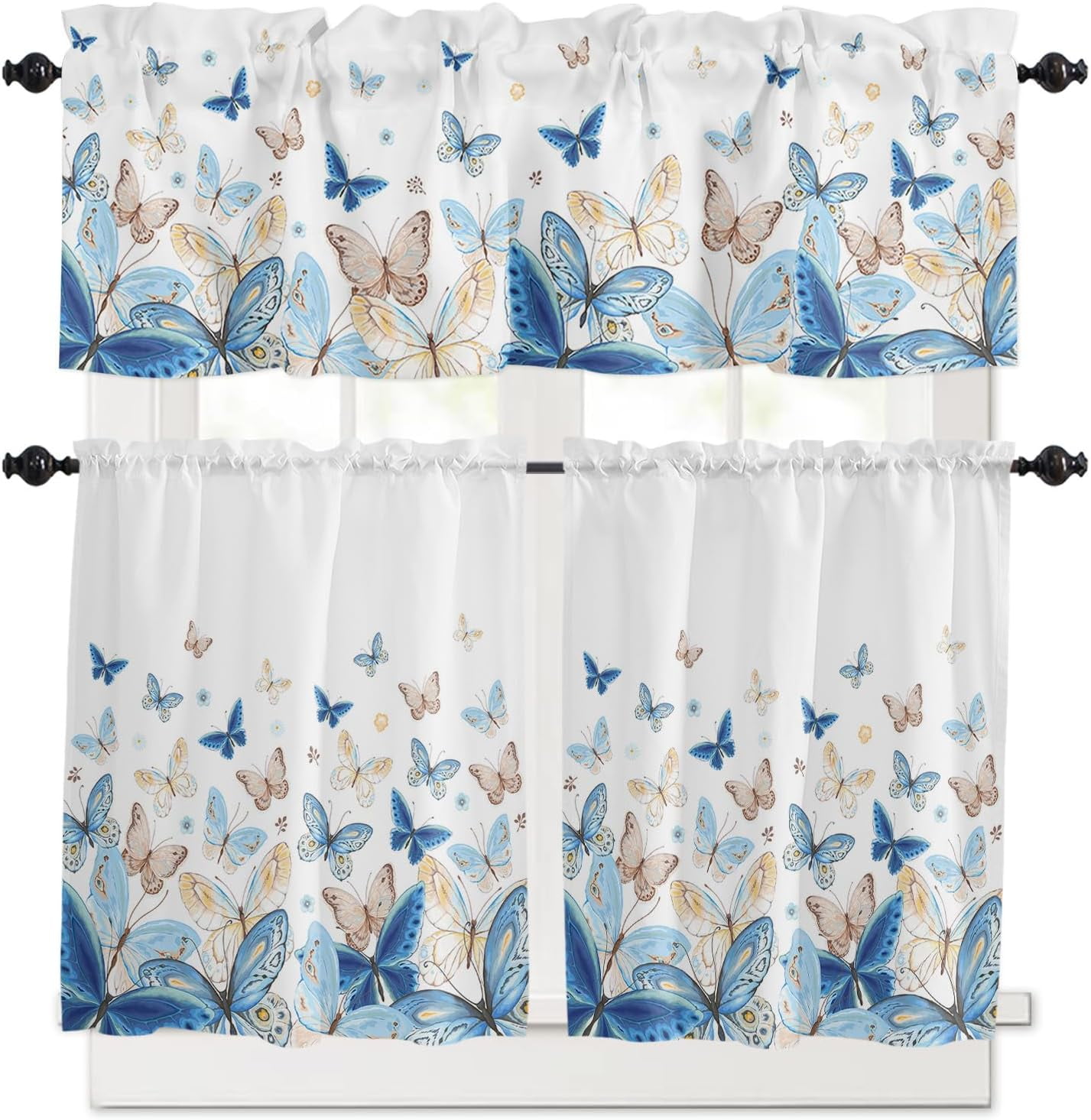 Blue Butter-fly Kitchen Curtains and Valance Set, Farmhouse Window ...