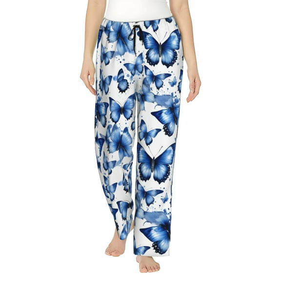 Blue Butterfies Splash Women's Comfy Pajama Pants with Pockets,Soft Stretch Drawstring Lounge Pants, Soft Casual Wide Leg Pjs Sleep Bottoms