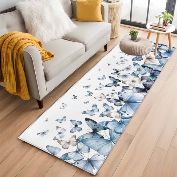 Blue Butterflies 2'x6' Runner Rugs for Hallway Kitchen Bedside Non Slip Washable, Elegant Pastoral Butterfly Entryway Rug Runners with Rubber Backing, Long Carpet Runner for Laundry Room