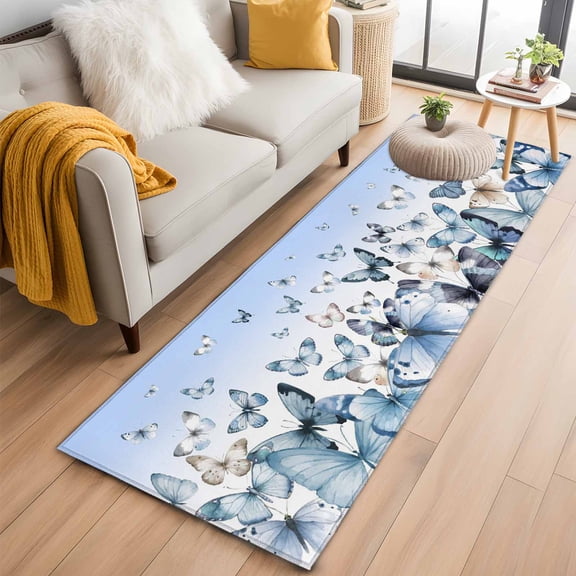 Blue Butterflies 2'x6' Runner Rugs for Hallway Kitchen Bedside Non Slip Washable, Elegant Pastoral Watercolor Entryway Rug Runners with Rubber Backing, Long Carpet Runner for Laundry Room