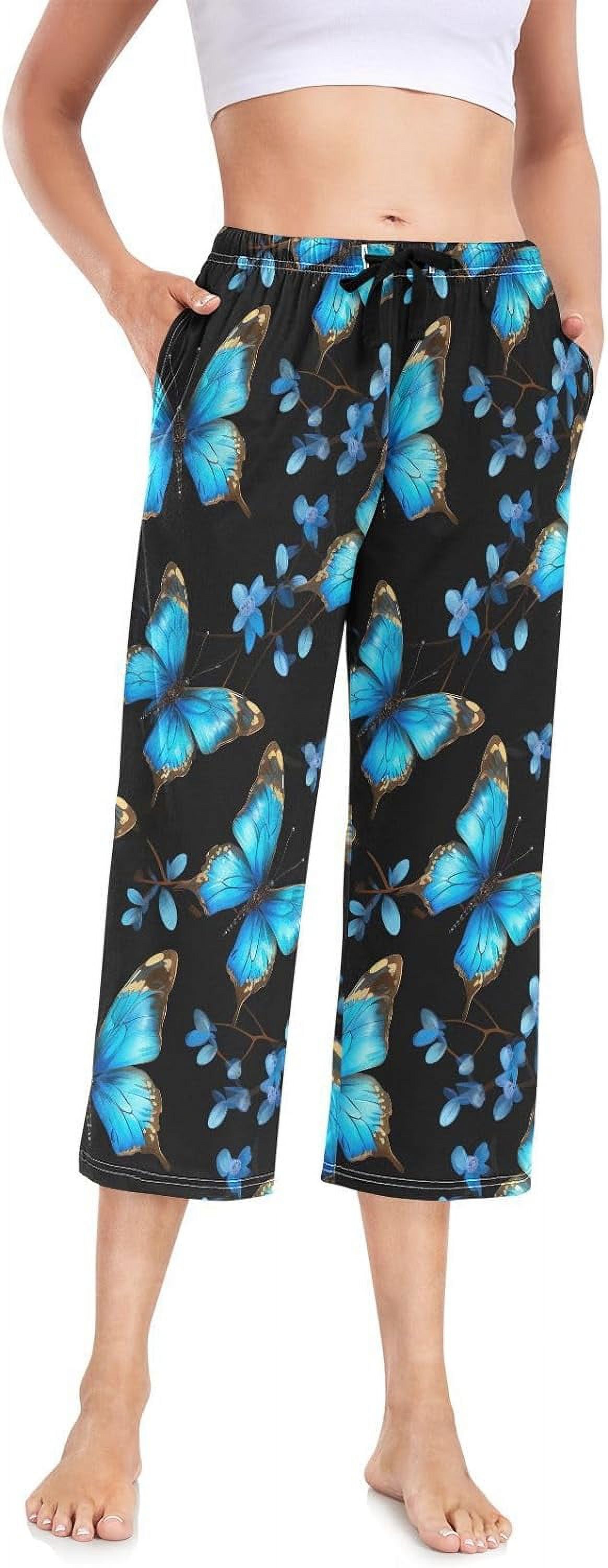 Blue Butterflies Flowers Black Womens Pajama Pants Comfy Capri Lounge ...
