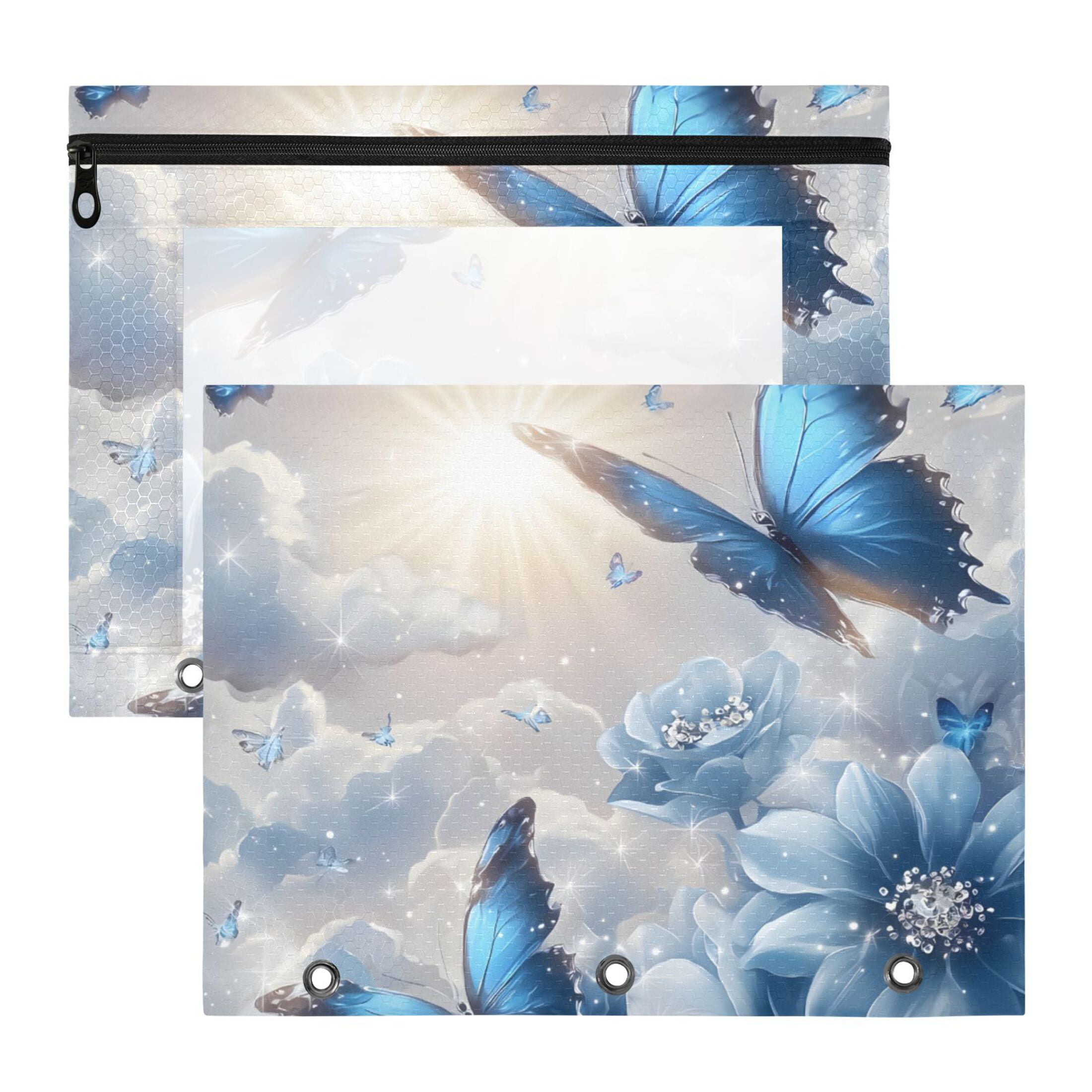 Blue Butterflies Flowers Clouds 3-Ring Binder Pouches A4 Size Zipper ...