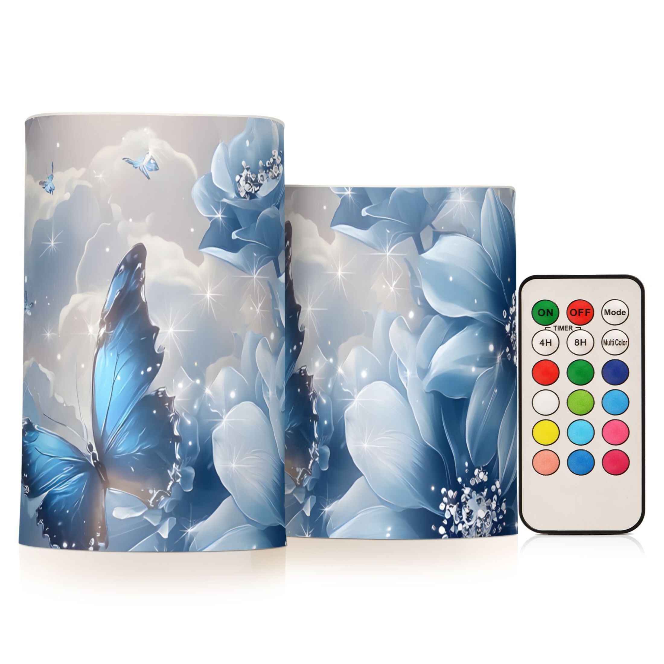 Blue Butterflies Flowers Clouds Flickering Flameless Candles LED Tealight Battery Operated with Remote Set of 2 Holiday Decor Ornaments