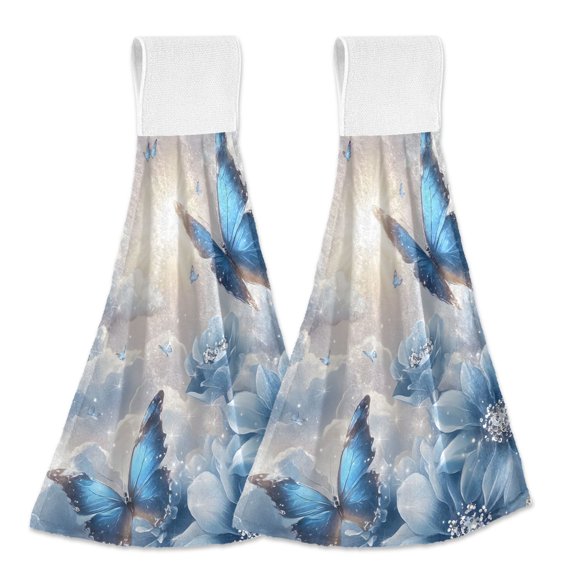 Blue Butterflies Flowers Clouds Hanging Towels with Loop Hand Towels Nylon Fastener Tape Design Dish Cloths 2 Pieces