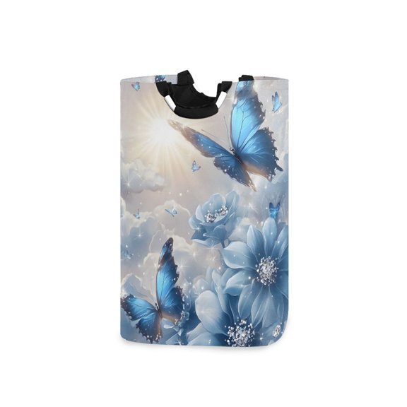 Blue Butterflies Flowers Clouds Laundry Basket with Handles Foldable Laundry Hamper Freestanding Washing Bin 50L