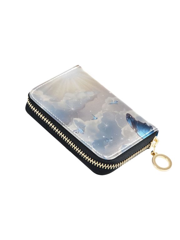 Blue Butterflies Flowers Clouds Women's Credit Card Holder PU Leather Zipper Wallet RFID Blocking