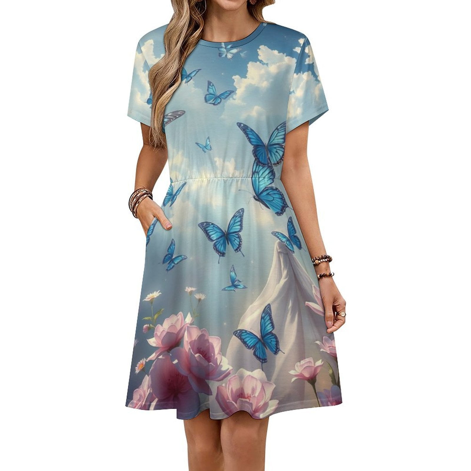 Blue Butterflies Flowers Sky Dress Fashion Beach Short Sleeve Dresses Blue Butterflies Flowers Sky Dress Fashion Beach Short Sleeve Dresses