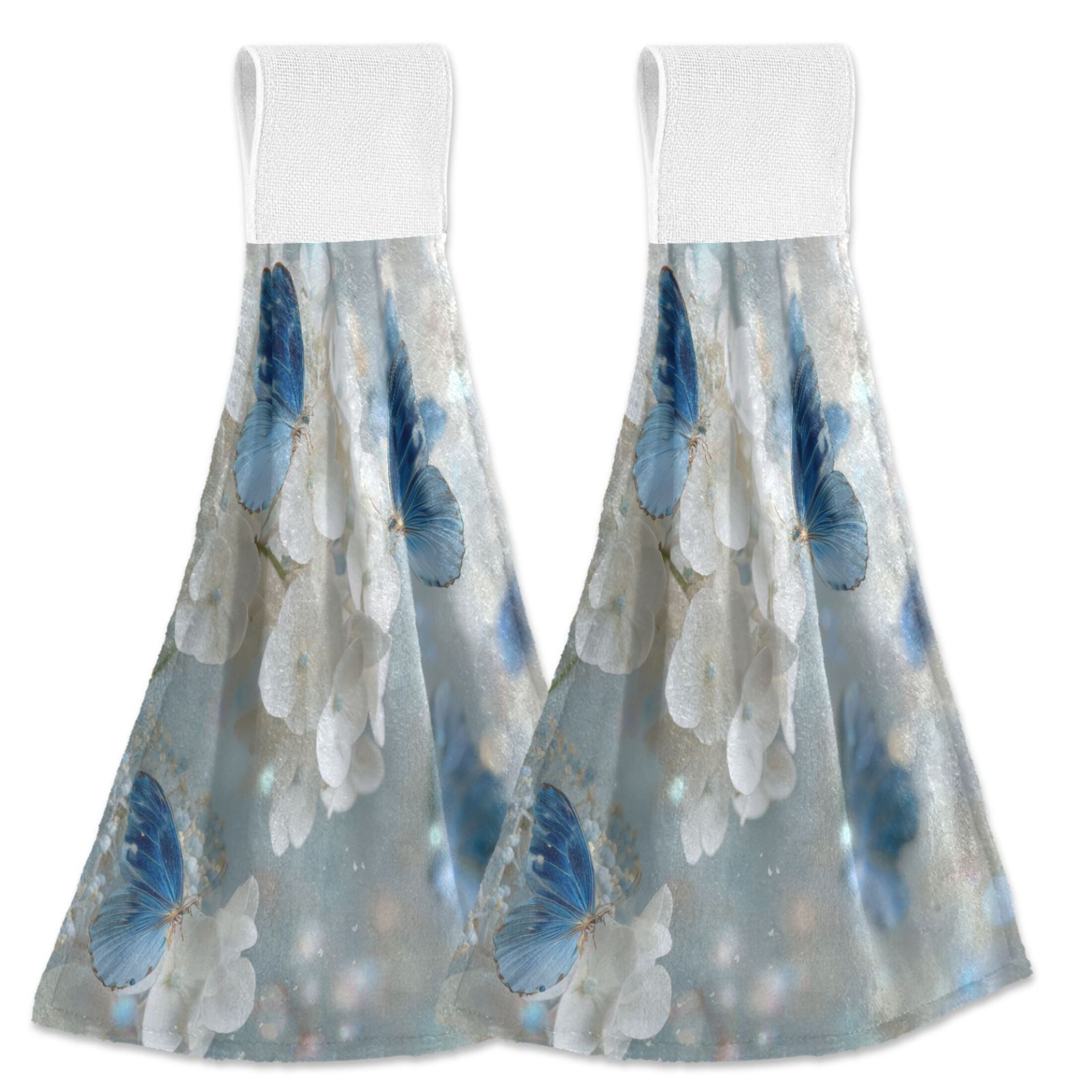 Blue Butterflies Fluttering Among White Florals Hanging Towels with ...