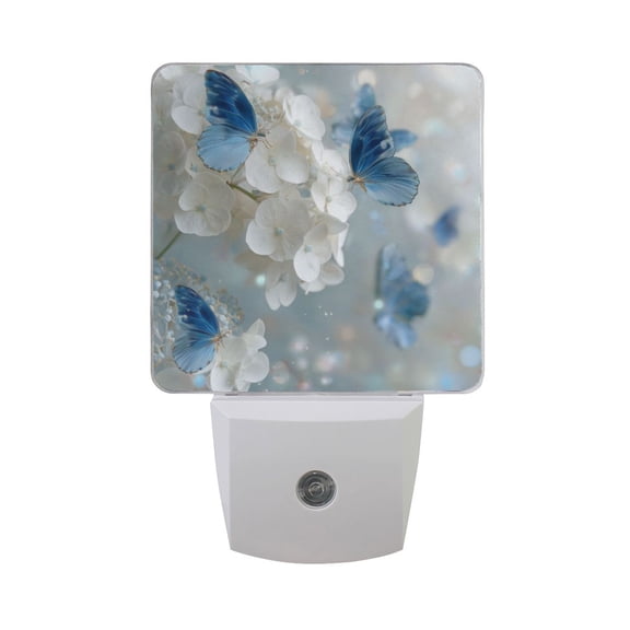 Blue Butterflies Fluttering Among White Florals LED Night Light Sensor Lamp Plug-in Adjustable Brightness 2 Pack