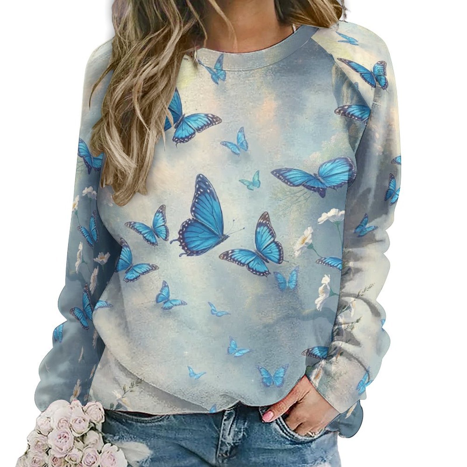 Turquoise Butterfly Print Women's Hoodie