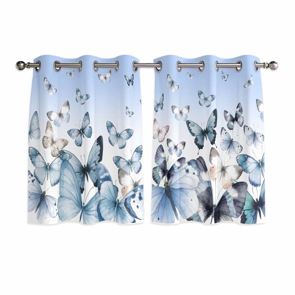 Blue Butterflies Kitchen Curtains Window Panels, Elegant Pastoral Watercolor Insulated Window Treatment Curtain, Grommet Curtains for Bedroom/Living Room/Bathroom, 2 Piece 42"Wx45"L
